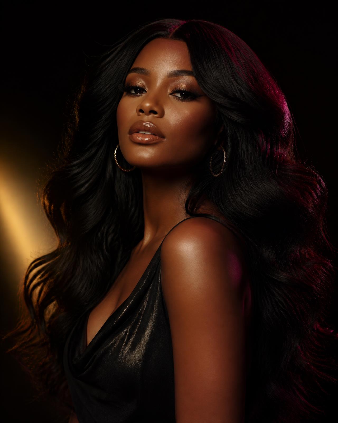 Model wearing a long body wave human hair wig